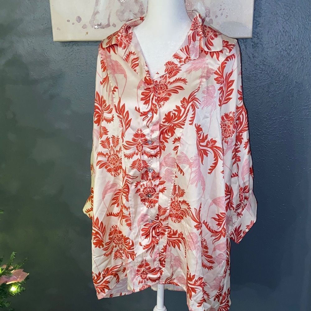 Lena oversized Ivory Ginger Floral Silky Tunic Blouse M